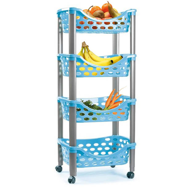 Plasticforte Trolley wieltjes - 4-laags - blauw - kunststof - 40x88cm - Opberg trolley