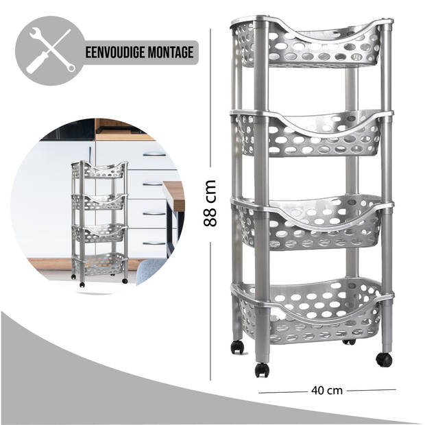 PlasticForte Trolley op wieltjes - 4-laags - zilver - kunststof - 88cm - Opberg trolley