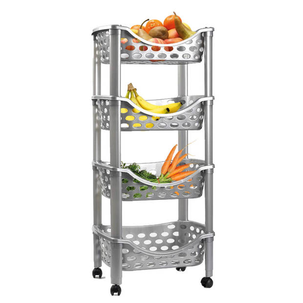 PlasticForte Trolley op wieltjes - 4-laags - zilver - kunststof - 88cm - Opberg trolley