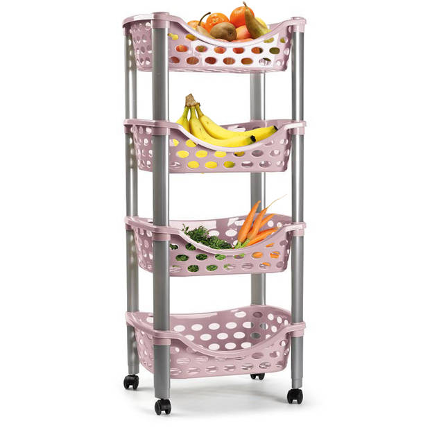 Plasticforte Trolley wieltjes - 4-laags - roze - kunststof - 40x88cm - Opberg trolley