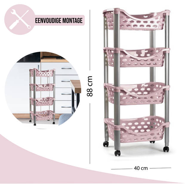 Plasticforte Trolley wieltjes - 4-laags - roze - kunststof - 40x88cm - Opberg trolley