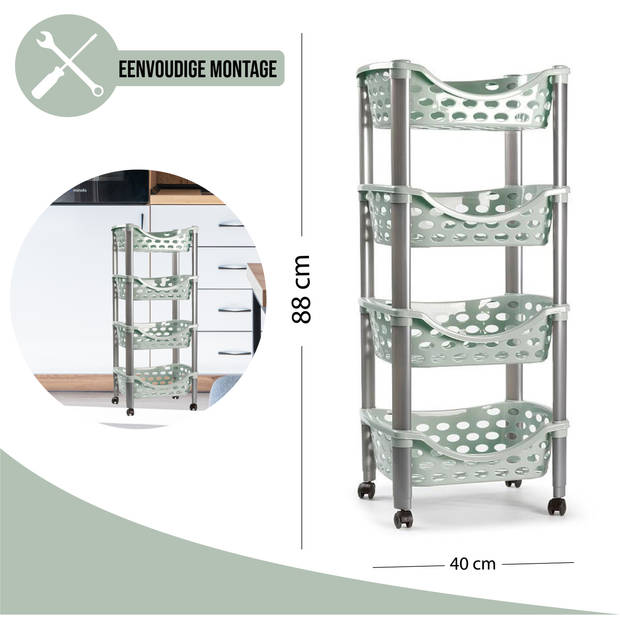 Plasticforte Trolley wieltjes - 4-laags - groen - kunststof - 40x88 cm - Opberg trolley