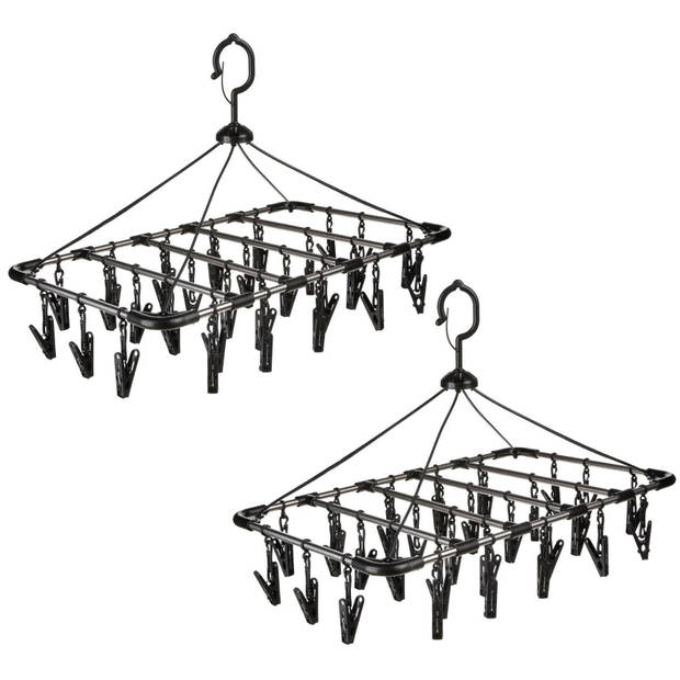 Set van 2x stuks droogcarrousel/droogmolen zwart met 32 knijpers 52 x 39 cm van kunststof - Hangdroogrek