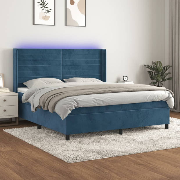 vidaXL Boxspring met matras en LED fluweel donkerblauw 180x200 cm