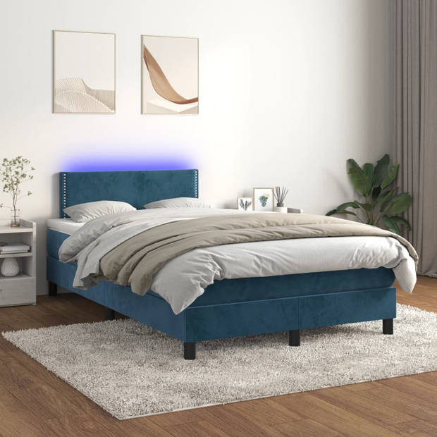 vidaXL Boxspring met matras en LED fluweel donkerblauw 120x200 cm