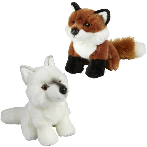 Knuffeldieren set vos en wolf pluche knuffels 18 cm - Knuffel bosdieren