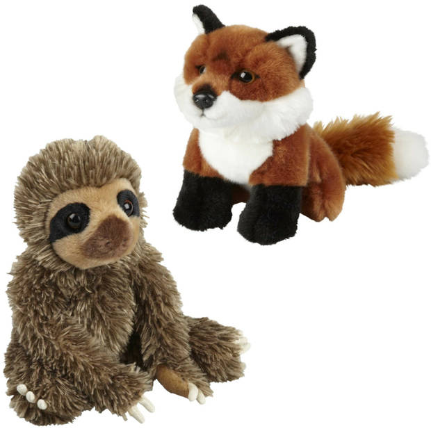 Knuffeldieren set vos en luiaard pluche knuffels 18 cm - Knuffel bosdieren