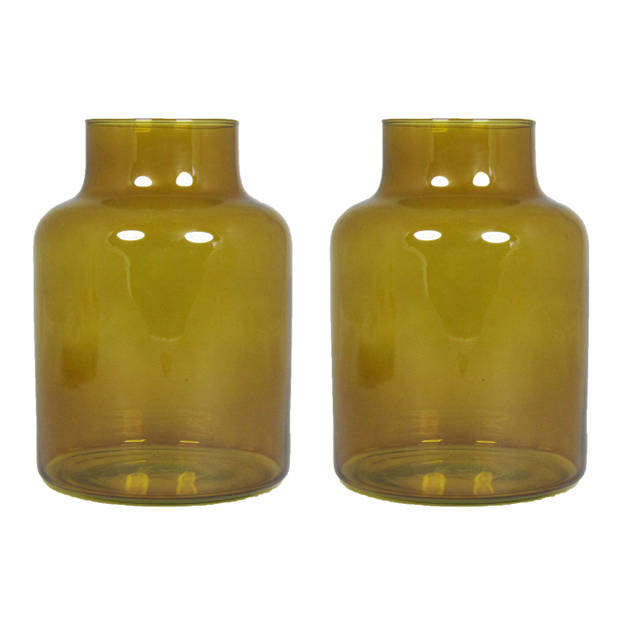 Floran Bloemenvaas Milan - 2x - transparant oker geel glas - D15 x H20 cm - melkbus vaas - Vazen