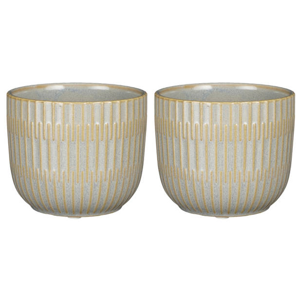 2x Stuks Plantenpot/bloempot keramiek lichtgrijs stripes patroon - D11/H9 cm - Plantenpotten