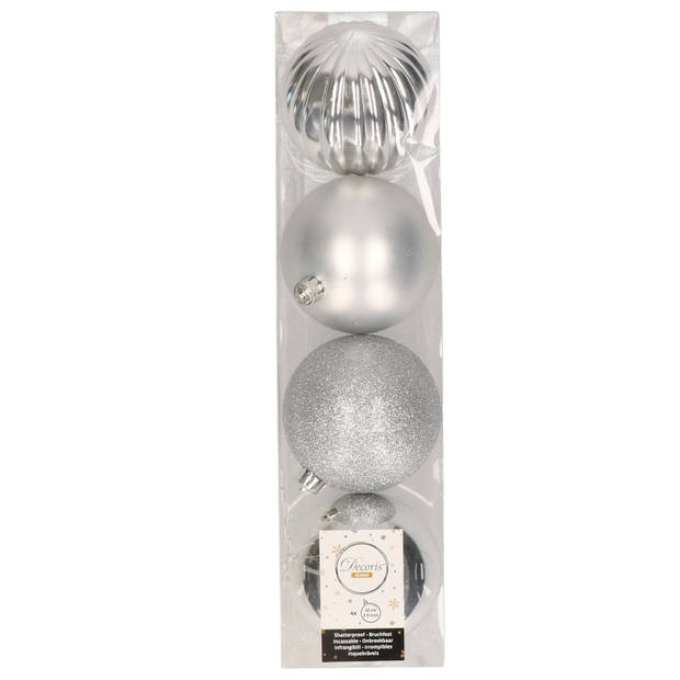 Decoris 4x stuks kunststof kerstballen zilver 10 cm - Kerstbal