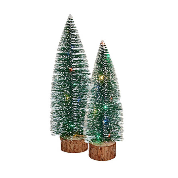 Kleine/mini decoratie kerstboompjes set van 2x st met gekleurd licht 25-30 cm - Kerstdorpen