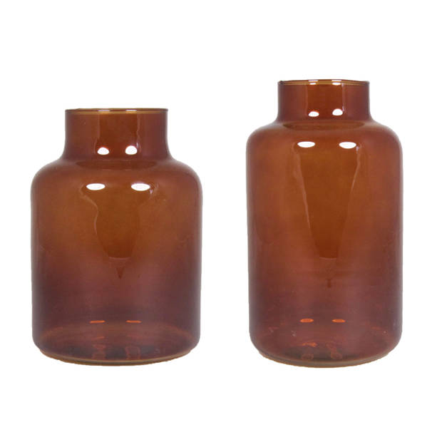 Set van 2 bloemenvazen - bruin transparant glas - 20 x 15 cm en 25 x 15 cm - Vazen