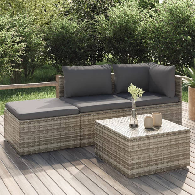 The Living Store Loungeset Grijze Hoekbank - 57x57x56 cm - Duurzaam poly rattan