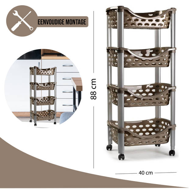 Plasticforte Trolley op wieltjes - 4-laags - bruin - kunststof - 88cm - Opberg trolley