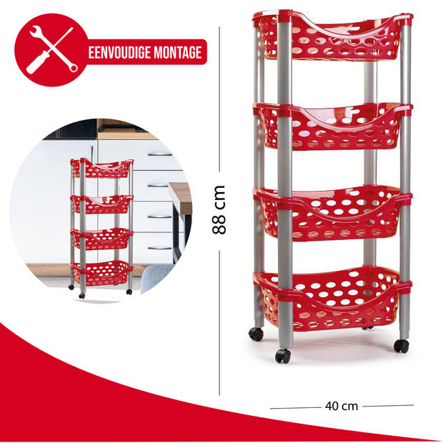 Plasticforte Trolley wieltjes - 4-laags - rood - kunststof - 40x88cm - Opberg trolley