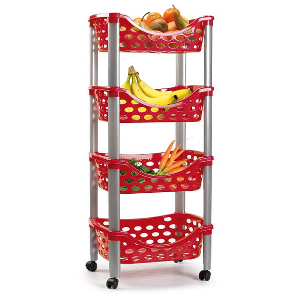 Plasticforte Trolley wieltjes - 4-laags - rood - kunststof - 40x88cm - Opberg trolley