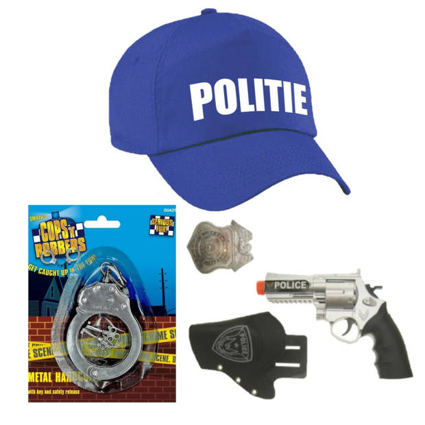 Politie verkleed cap/pet blauw met pistool/holster/badge/handboeien voor kinderen - Verkleedhoofddeksels