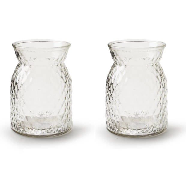 2x Stuks Bloemenvazen - helder bewerkt/transparant glas - H16 x D12 cm - Vazen