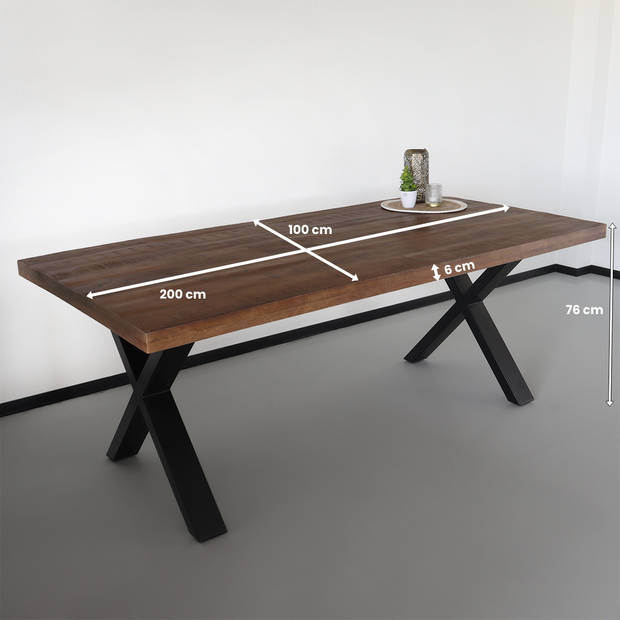 Eettafel rechthoek mangohout Xavier 200cm duurzaam tafel met X-poot mango rechthoek eetkamertafel hout