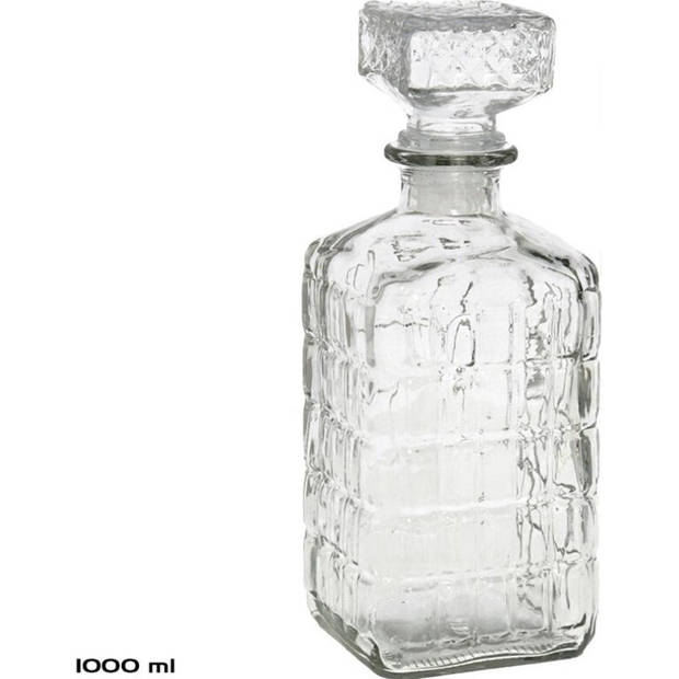 Strak Vormgegeven Karaf van Transparant Glas - Geschikt voor Whiskey - Hoogte 23.5cm - Breedte 8.5cm - Inhoud 1000ml