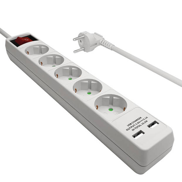 Stekkerdoos - Schuko - 5 voudig - 2x USB - Aan/uit schakelaar - Wit - Allteq