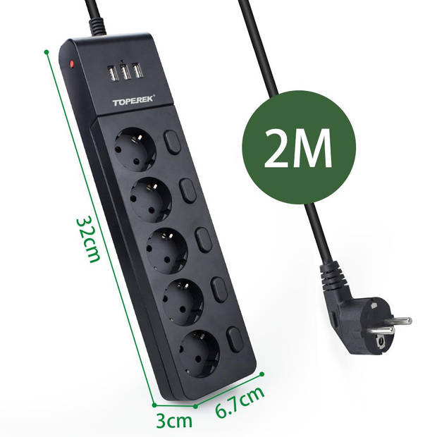 Stekkerdoos - 5-voudig - 3x USB A - Schakelaar - 2 meter aansluitsnoer - Overspanningsbeveiliging - Zwart - Allteq