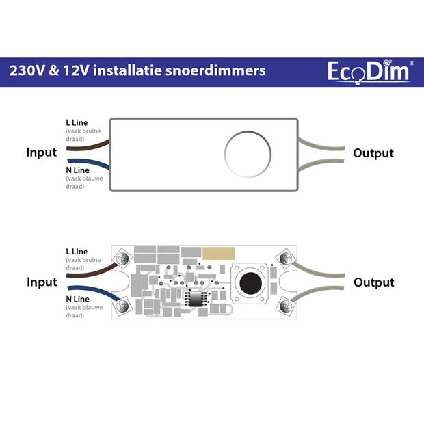 EcoDim - LED Snoerdimmer - ECO-DIM.08 - Fase Afsnijding RC - Enkel Knop - 0-50W - Wit