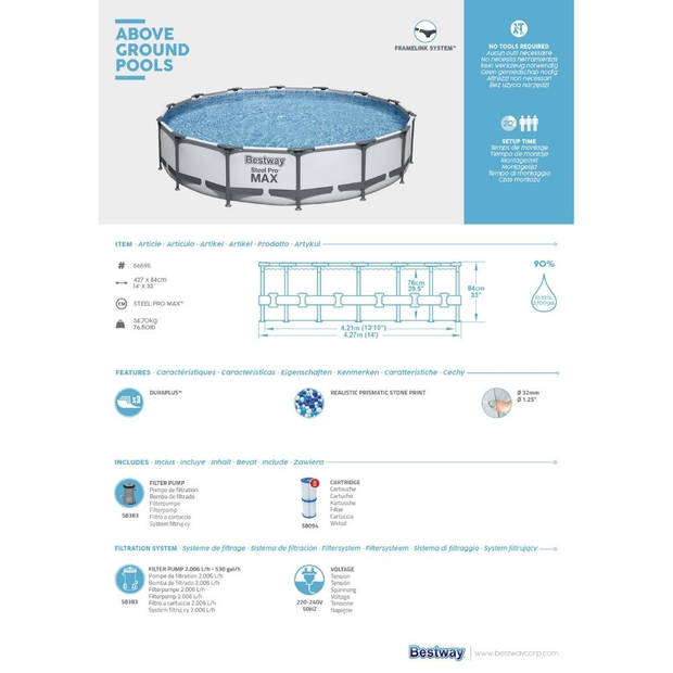 Bestway - Steel Pro MAX - Opzetzwembad inclusief filterpomp - 427x84 cm - Rond