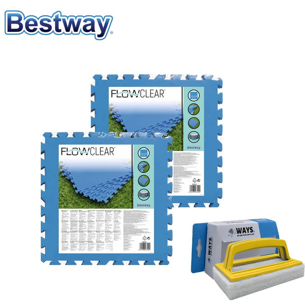 Bestway - Zwembad tegels - 50 cm x 50 cm - 4m² - 16 tegels & WAYS scrubborstel