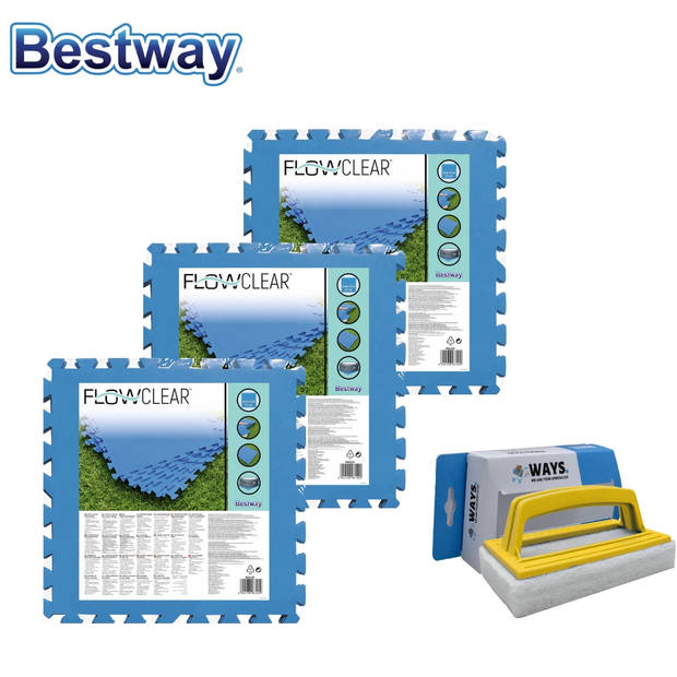 Bestway - Zwembad tegels - 50 cm x 50 cm - 6m² - 24 tegels & WAYS scrubborstel