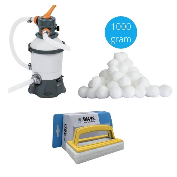 Bestway - Zandfilterpomp 3028 L/u & Filterbollen 1000 gram & WAYS Scrubborstel