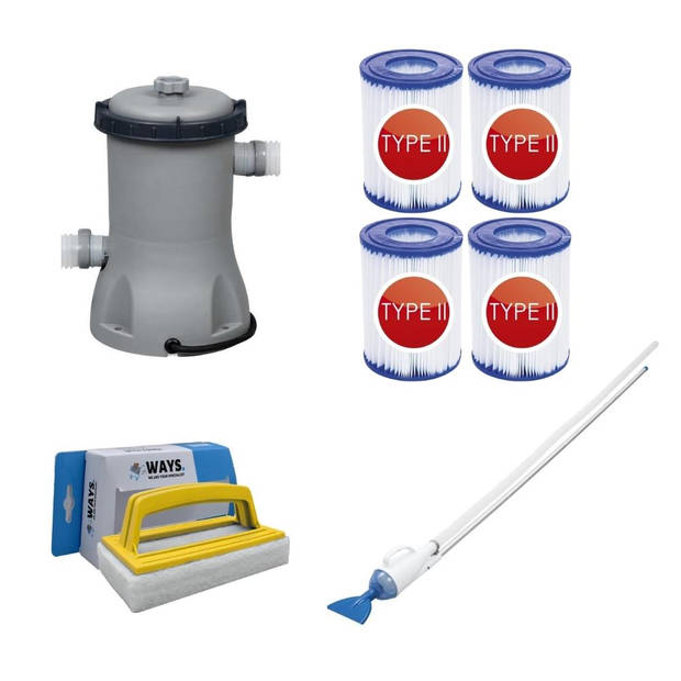 Bestway - Zwembadstofzuiger AquaCrawl & Filterpomp 2006 L/u & 4 Filters Type II & WAYS Scrubborstel