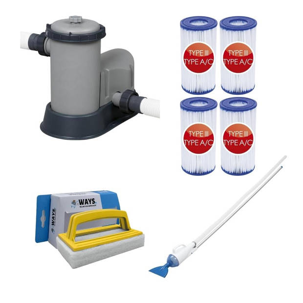 Bestway - Zwembadstofzuiger AquaCrawl & Filterpomp 5678 L/u & 4 Filters Type III & WAYS Scrubborstel