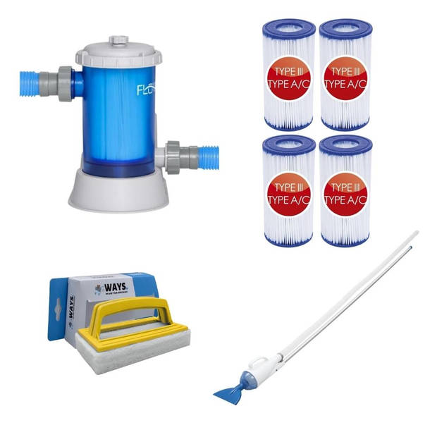 Bestway - Zwembadstofzuiger AquaCrawl & Filterpomp 5678 L/u & 4 Filters Type III & WAYS Scrubborstel