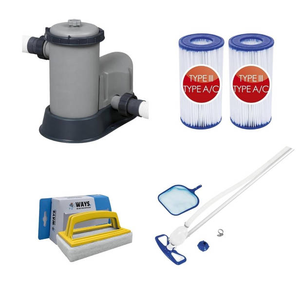 Bestway - Zwembadstofzuiger AquaClean & Filterpomp 5678 L/u & 2 Filters Type III & WAYS Scrubborstel