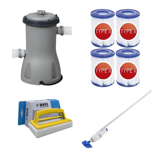 Bestway - Zwembadstofzuiger AquaReach & Filterpomp 3028 L/u & 4 Filters Type II & WAYS Scrubborstel