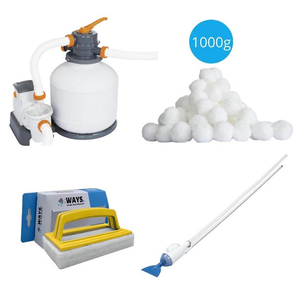 Bestway - Zwembadstofzuiger AquaCrawl & Zandfilterpomp 5678 L/u & Filterbollen 1000 g & WAYS Scrubborstel