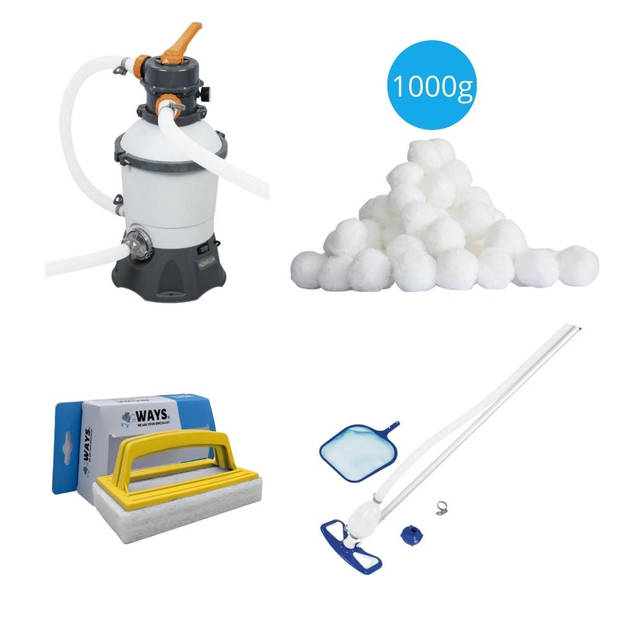 Bestway - Zwembadstofzuiger AquaClean & Zandfilterpomp 3028 L/u & Filterbollen 1000 g & WAYS Scrubborstel