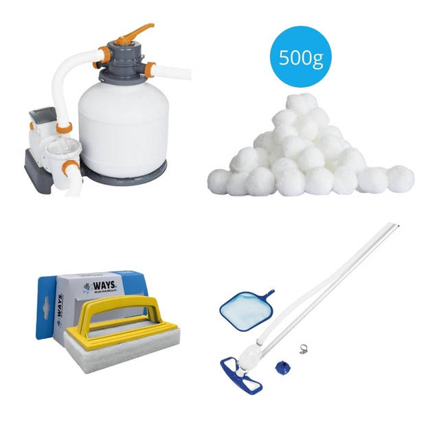 Bestway - Zwembadstofzuiger AquaClean & Zandfilterpomp 5678 L/u & Filterbollen 500 g & WAYS Scrubborstel