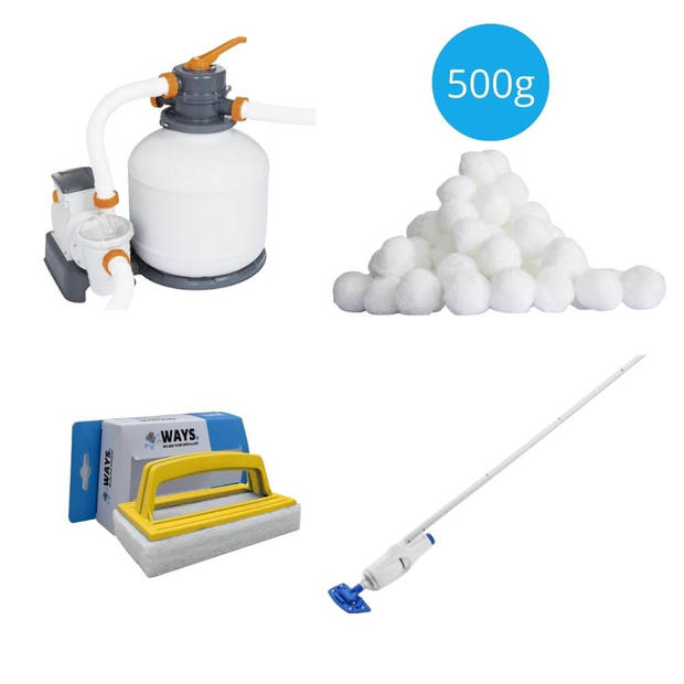 Bestway - Zwembadstofzuiger AquaReach & Zandfilterpomp 5678 L/u & Filterbollen 500 g & WAYS Scrubborstel