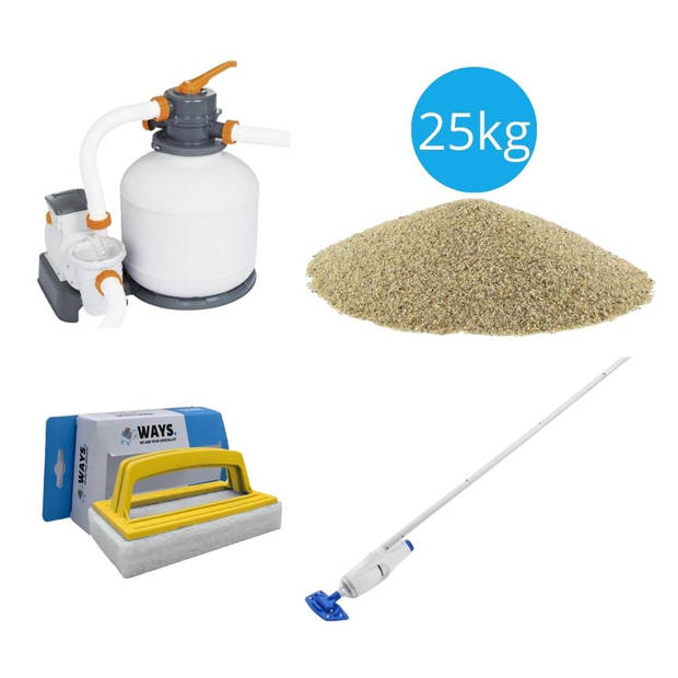 Bestway - Zwembadstofzuiger AquaReach & Zandfilterpomp 5678 L/u & Filterzand 25 kg & WAYS Scrubborstel