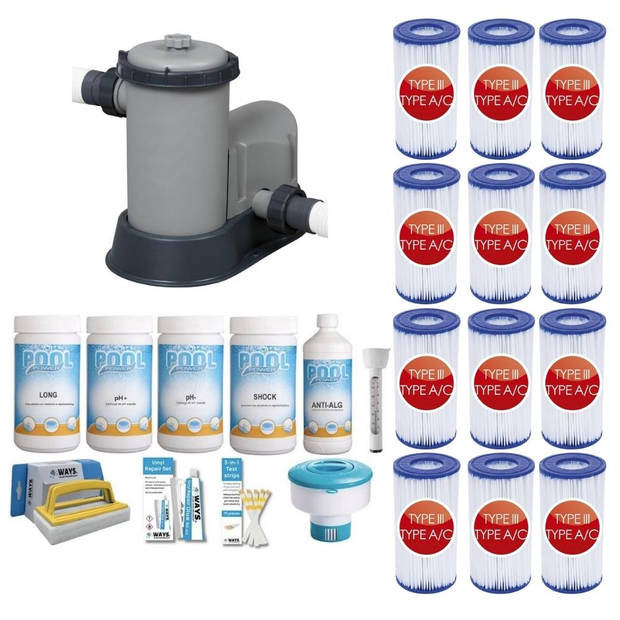 WAYS - Zwembad Onderhoud - Pakket Large Deluxe & Filterpomp 5678 L/u & 12 Filters Type III