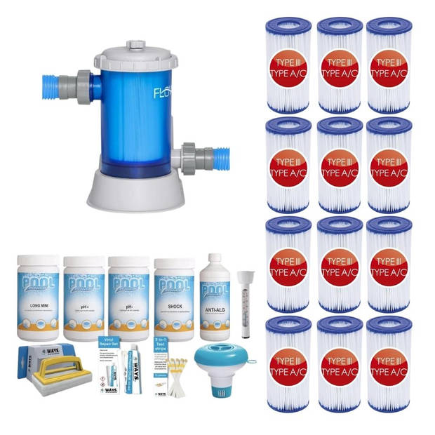 WAYS - Zwembad Onderhoud - Pakket Medium Deluxe & Filterpomp 5678 L/u & 12 Filters Type III