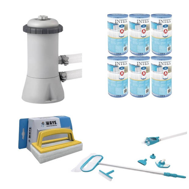 WAYS - Zwembad Onderhoud - Onderhoudsset Deluxe & Filterpomp 2271 L/u & 6 Filters Type A & WAYS Scrubborstel