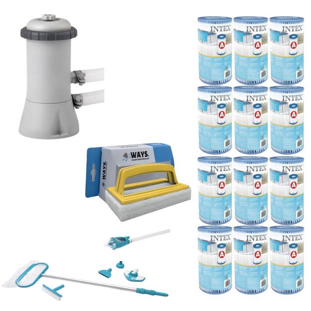 WAYS - Zwembad Onderhoud - Onderhoudsset Deluxe & Filterpomp 2271 L/u & 12 Filters Type A & WAYS Scrubborstel