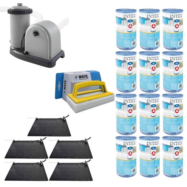 WAYS - Zwembad Onderhoud - 5x Zwembad verwarming & Filterpomp 5678 L/u & 12 Filters Type A & WAYS Scrubborstel