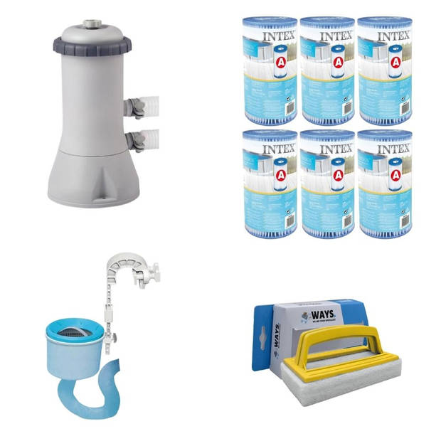 Intex Skimmer & Filterpomp 3407 L/u & 6 Filters Type A & WAYS Scrubborstel