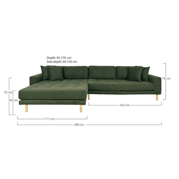 Lido bank bank met chaise longue links gericht 4 kussens groen.