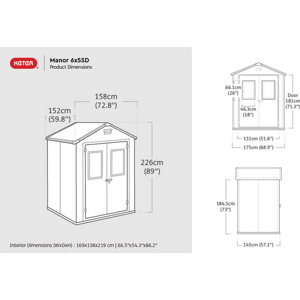 Keter Manor 65 Tuinhuis - 185x152x226cm - dubbele deuren + ramen - Antraciet