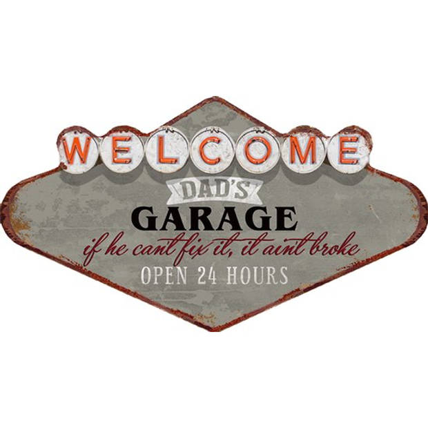 Clayre & Eef Wanddecoratie 49x27 cm Grijs Rood Ijzer Welcome Dad's Garage Muurdecoratie Wandversiering Tekstbord